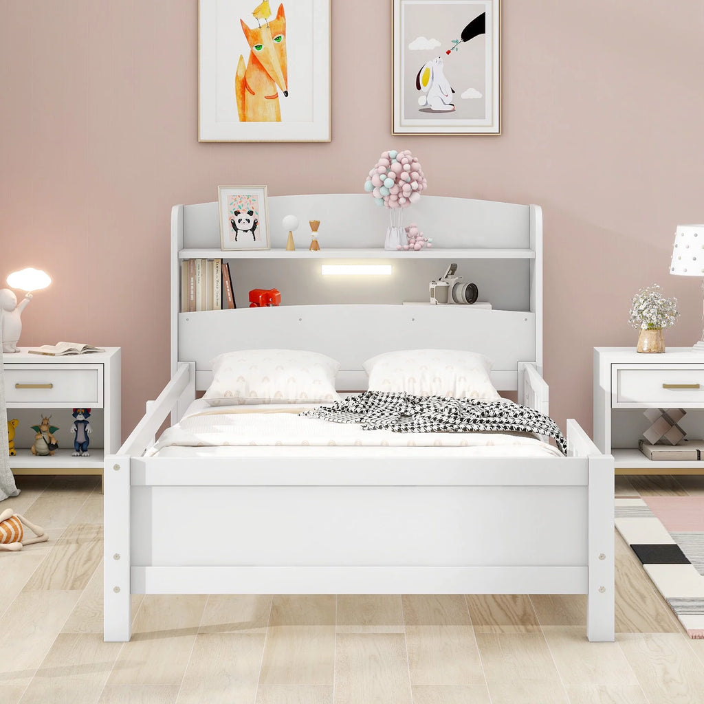 Twin Size Wood Platform Bed with Storage Headboard and Guardrail L757202
