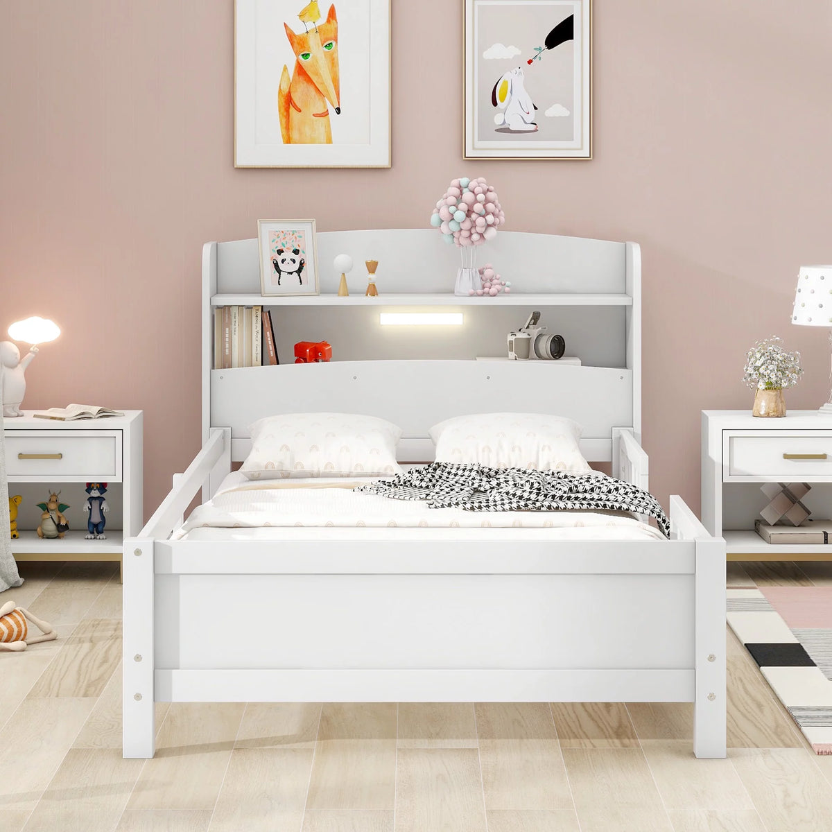 Twin Size Wood Platform Bed with Storage Headboard and Guardrail L757202