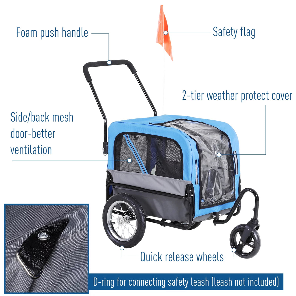 2-In-1 Dog Bicycle Trailer & Jogging Stroller with Swivel Wheels, Blue V723355