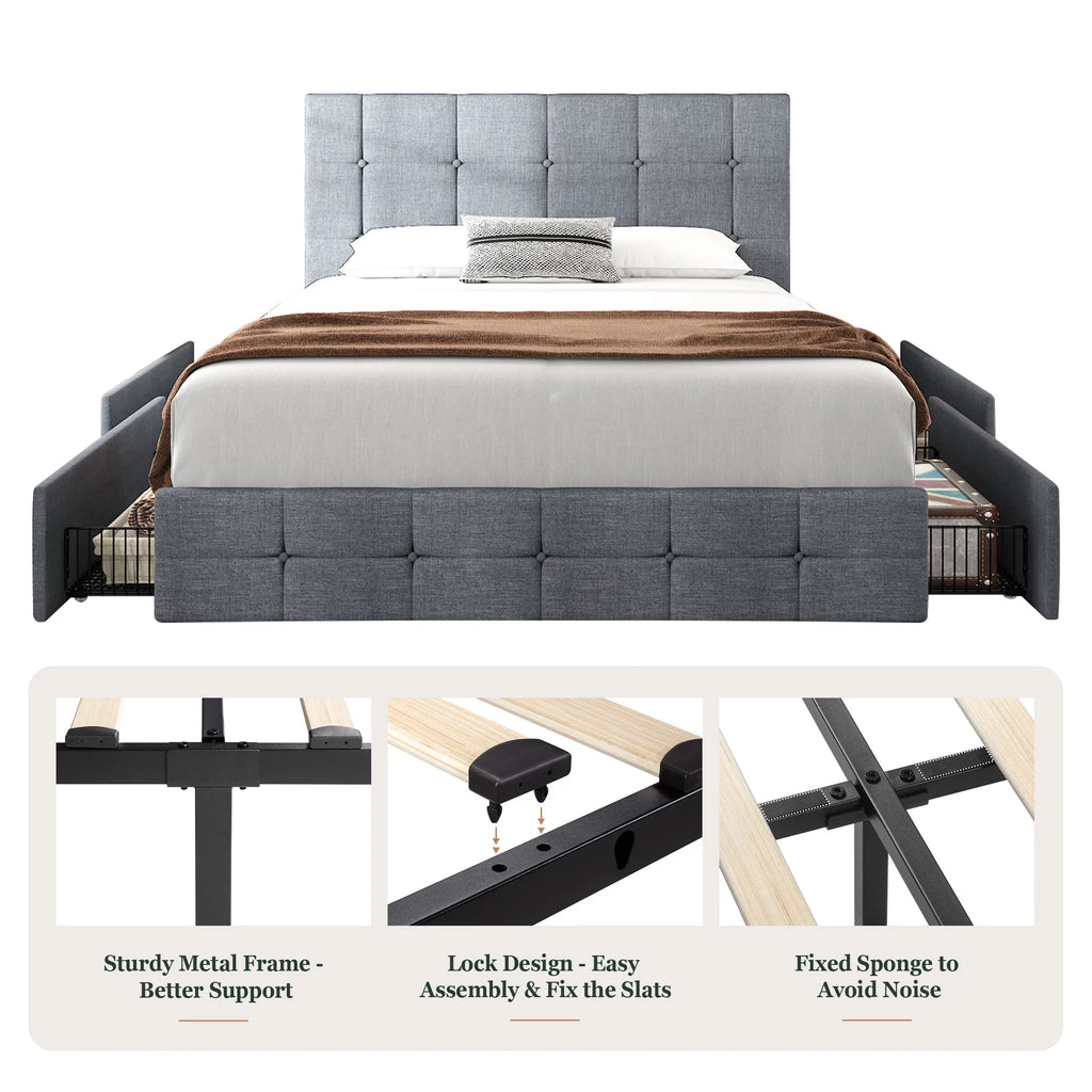 Queen Size Platform Bed Frame with Headboard and 4 Storage Drawers, Dark Grey D638