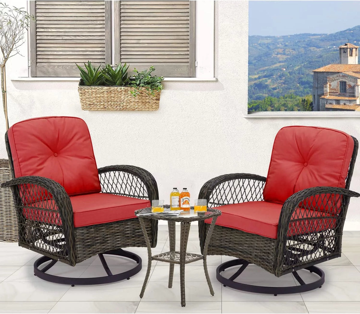 Outdoor Swivel Glider Wicker Patio Bistro Set with Cushions and Glass Table R2035