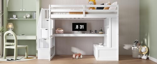 White Full Size Loft Bed with L-Shaped Desk, Wardrobe and Storage Shelves R737547