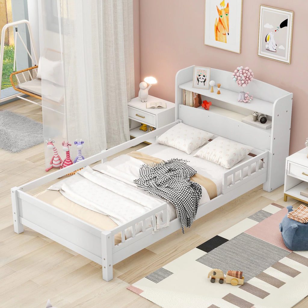 Twin Size Wood Platform Bed with Storage Headboard and Guardrail L757202