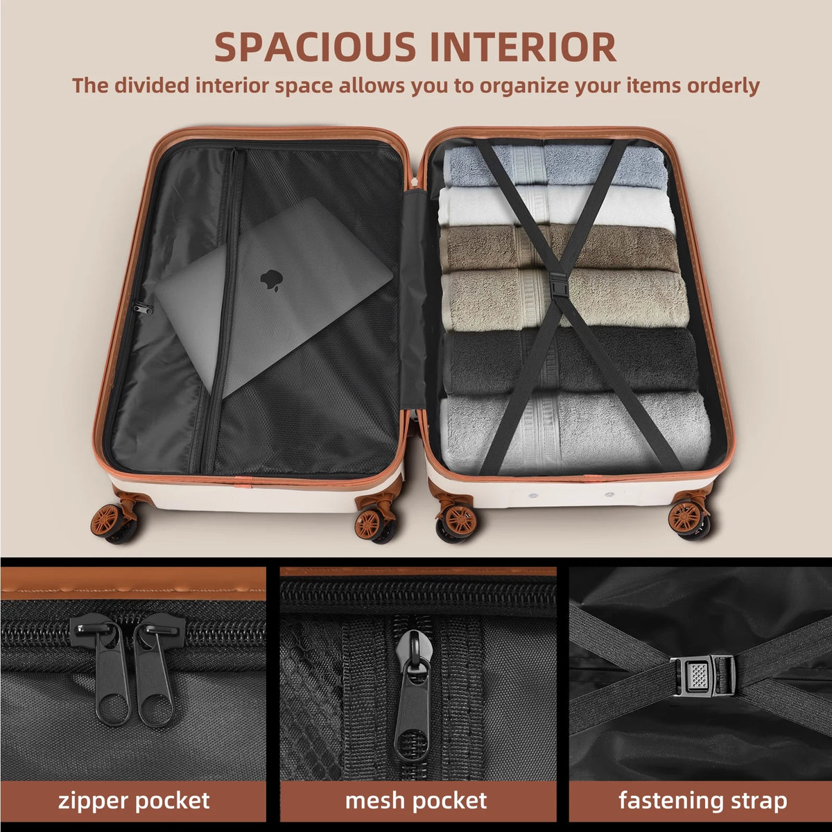 3 Piece Expandable ABS Hardshell Luggage Set Spinner Wheel Suitcase TSA Lock White Brown 20/24/28 Inch P5975