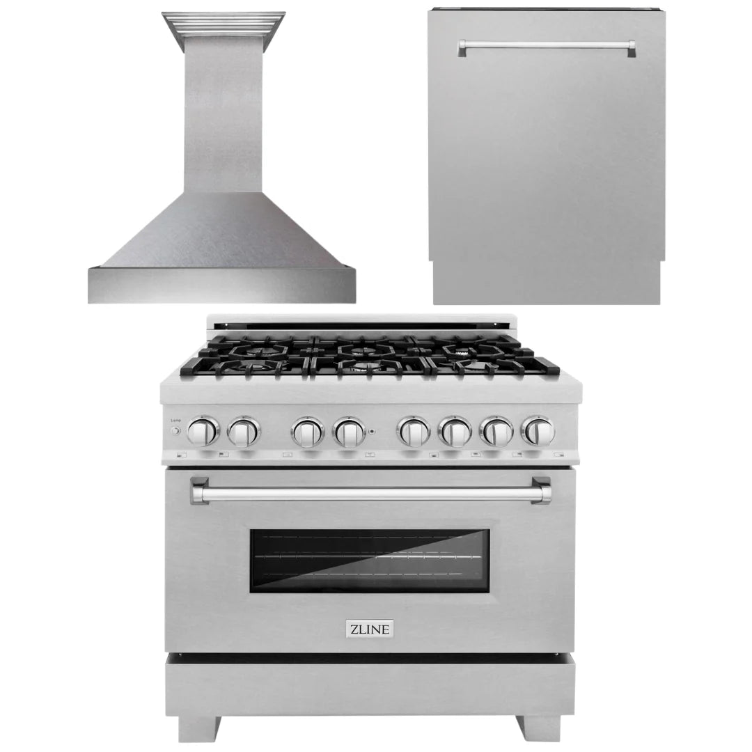 36 in. Dual Fuel Range, Range Hood and Dishwasher Y16851