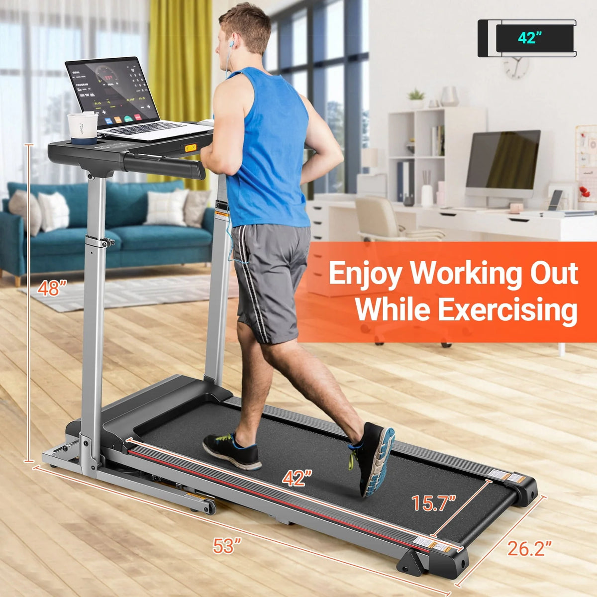 Incline Treadmill with Desk Workstation, 7.5MPH Portable Walking Pad, Black P541