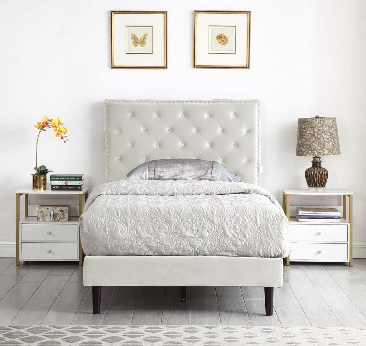 Gray Twin Upholstered Platform Bed Frame with Adjustable Headboard E606