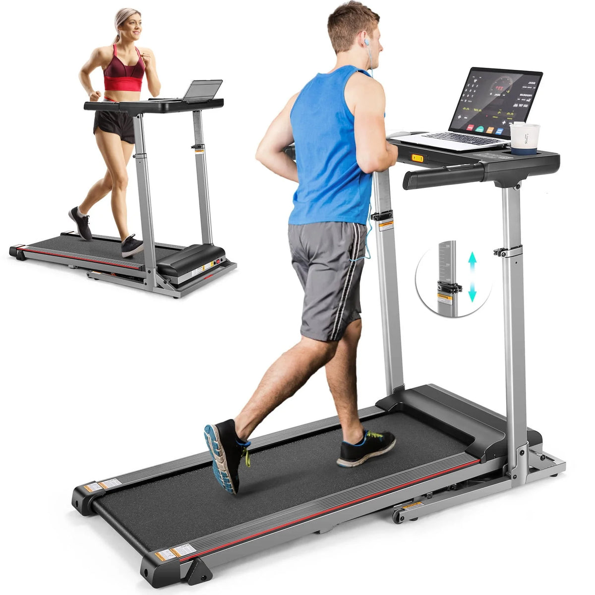 Incline Treadmill with Desk Workstation, 7.5MPH Portable Walking Pad, Black P541