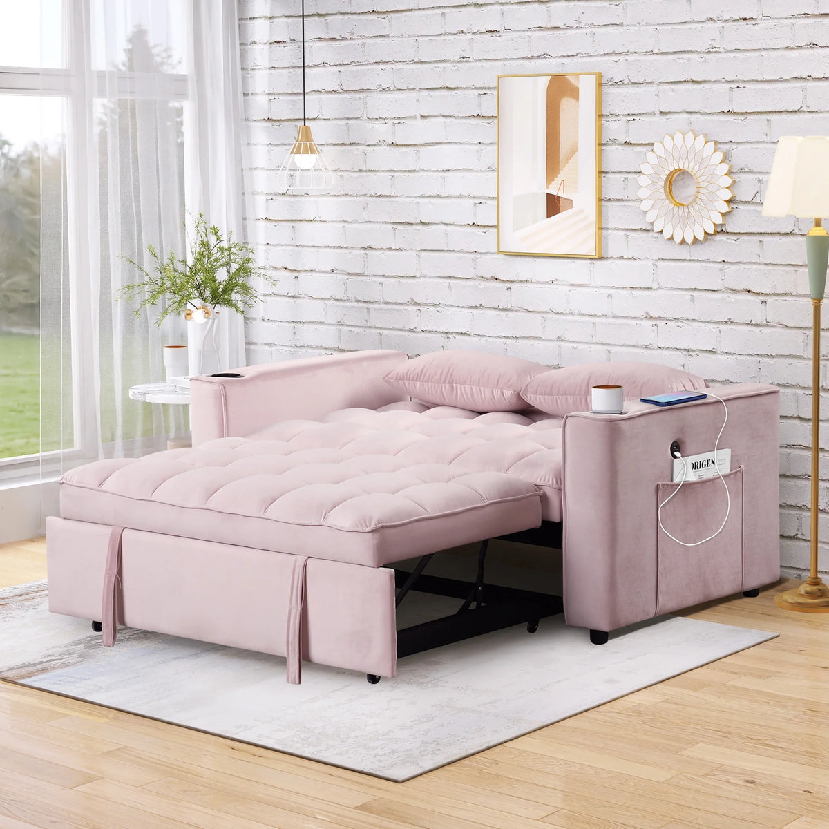 Convertible Sleeper Sofa Bed with Cup Holder and USB Charging Ports P7290