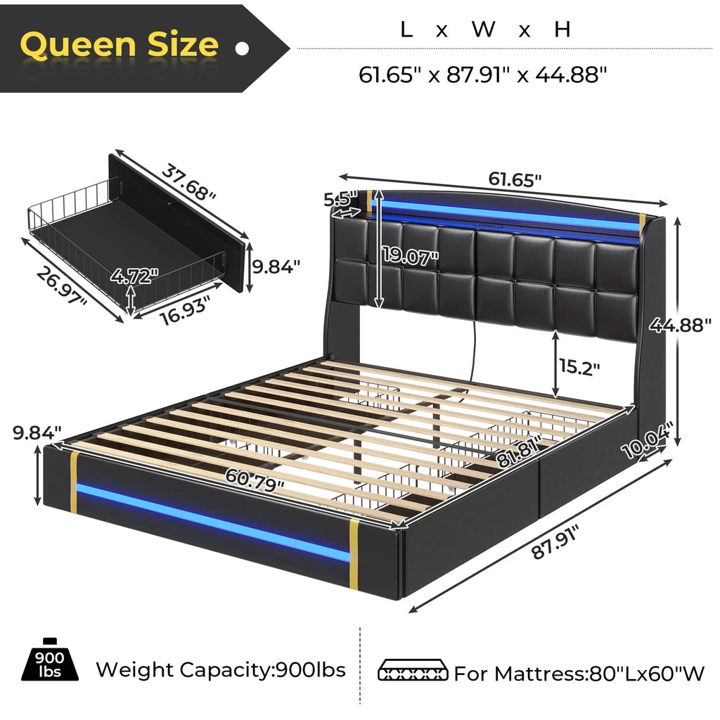 Queen Bed Frame with LED Lights and Charging Station, Upholstered Platform Bed Frame with Hidden Storage and 4 Drawers, Black H222
