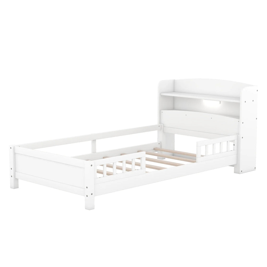 Twin Size Wood Platform Bed with Storage Headboard and Guardrail L757202