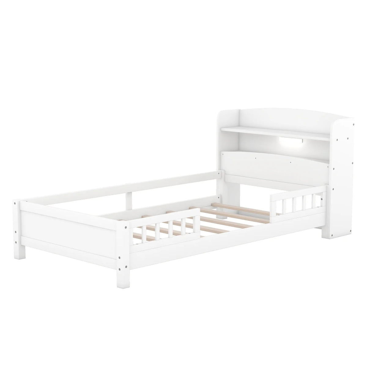 Twin Size Wood Platform Bed with Storage Headboard and Guardrail L757202