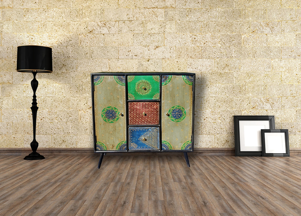Recycled Mango Wood Cabinet with 3 Drawers and 2 Doors Q244