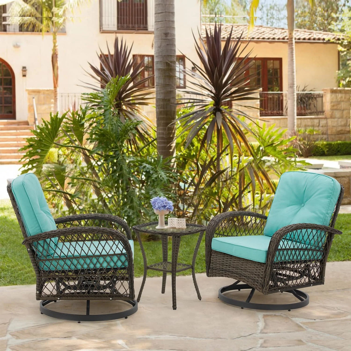 Outdoor Swivel Glider Wicker Patio Bistro Set with Cushions and Glass Table R2035