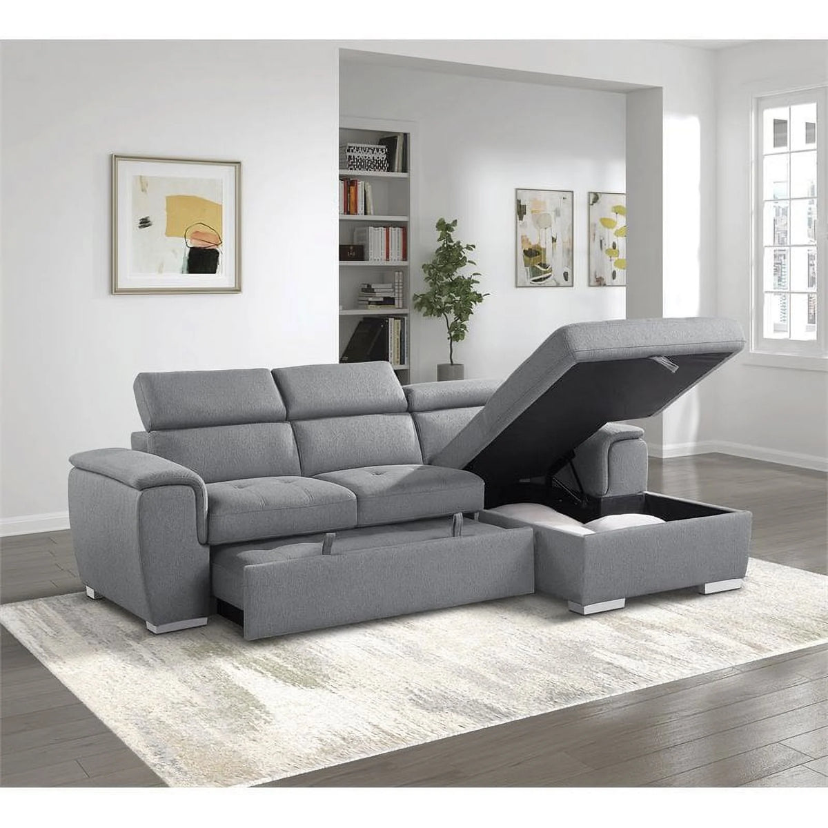 Gray 2-Piece Fabric Sectional with Pull-Out Bed N3457