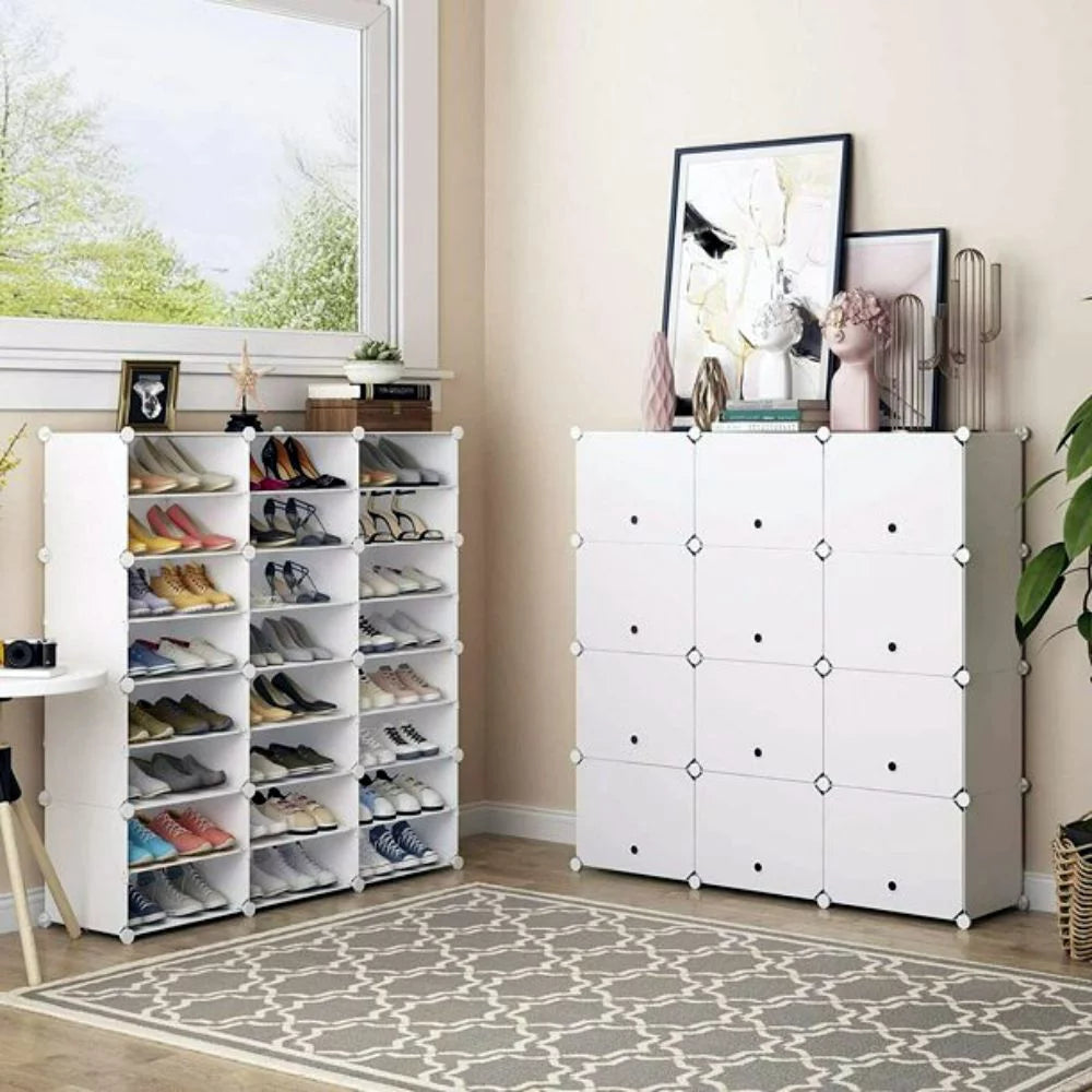 12 Cubes Stackable Shoe Storage Cabinet 8 Tiers White K32778
