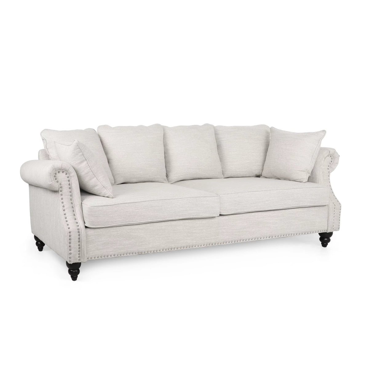 Beige and Dark Brown Fabric 3 Seater Sofa with Nailhead Trim E5387