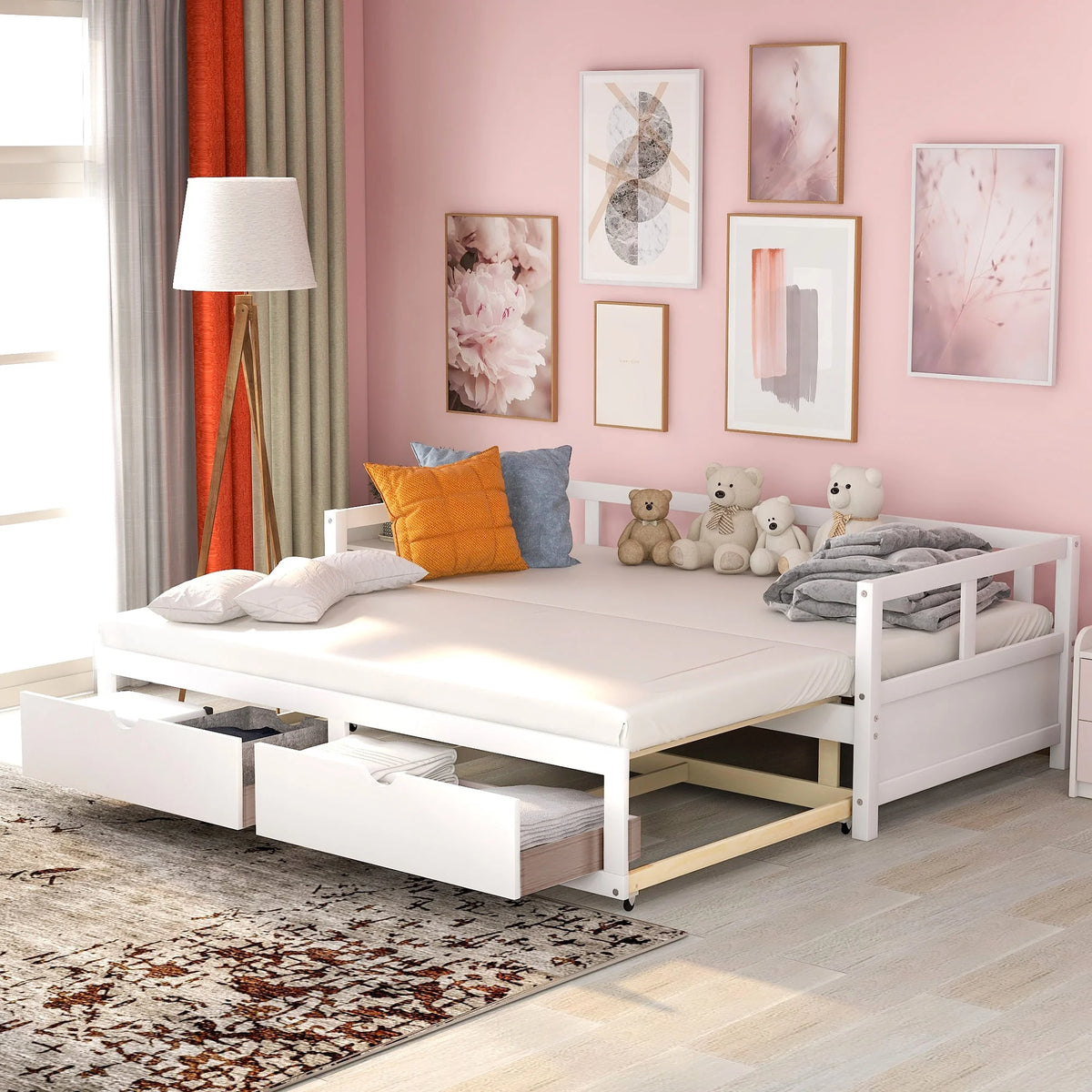 Twin Size White Wooden Daybed with 2 Drawers Q550243
