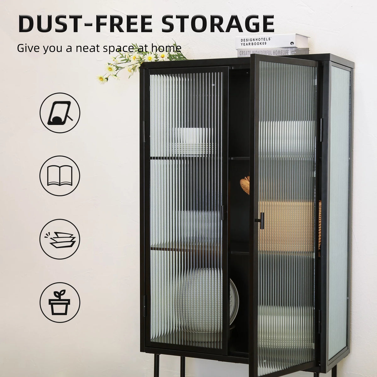 Black Fluted Glass High Cabinet with Dual Doors T23608