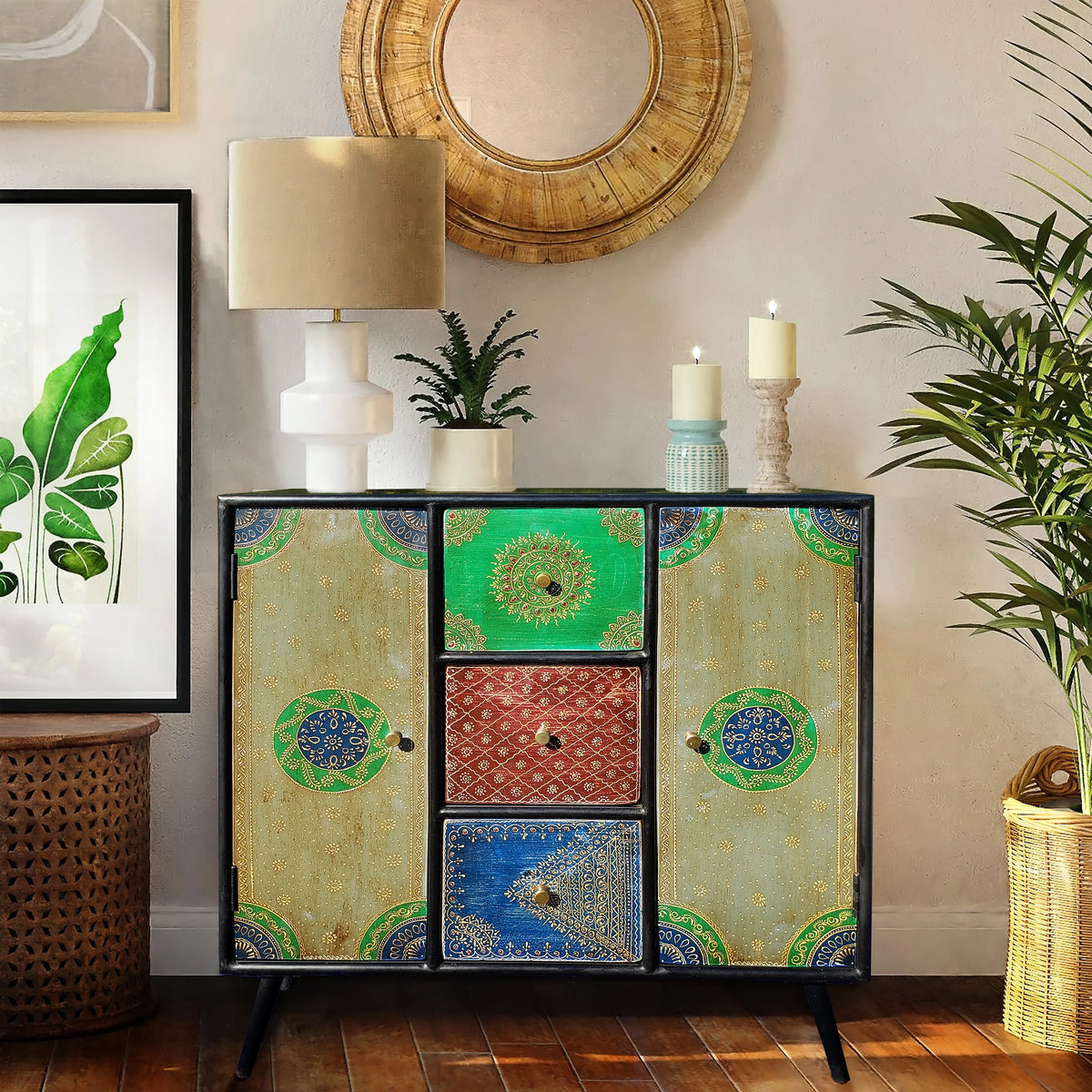 Recycled Mango Wood Cabinet with 3 Drawers and 2 Doors Q244