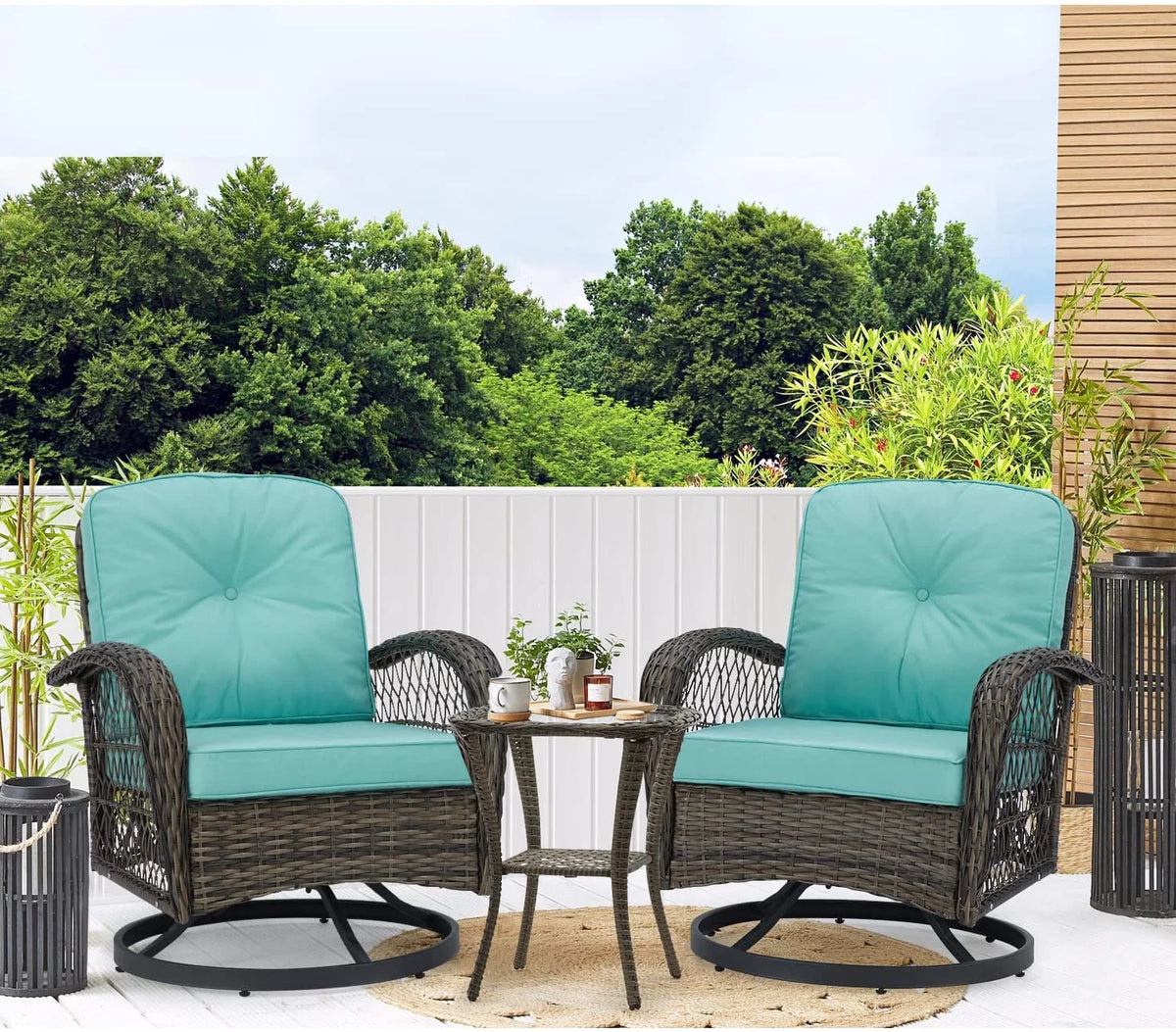 Outdoor Swivel Glider Wicker Patio Bistro Set with Cushions and Glass Table R2035