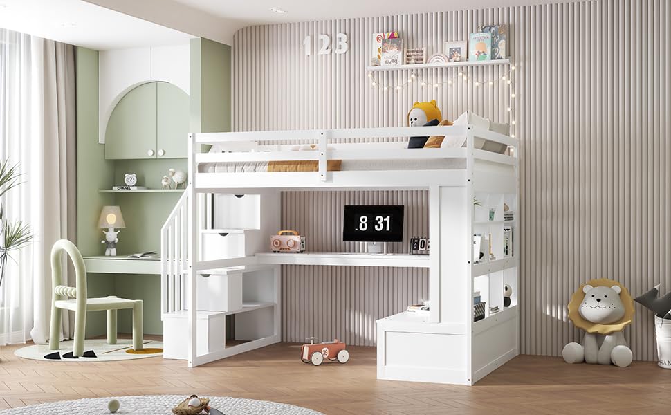 White Full Size Loft Bed with L-Shaped Desk, Wardrobe and Storage Shelves R737547