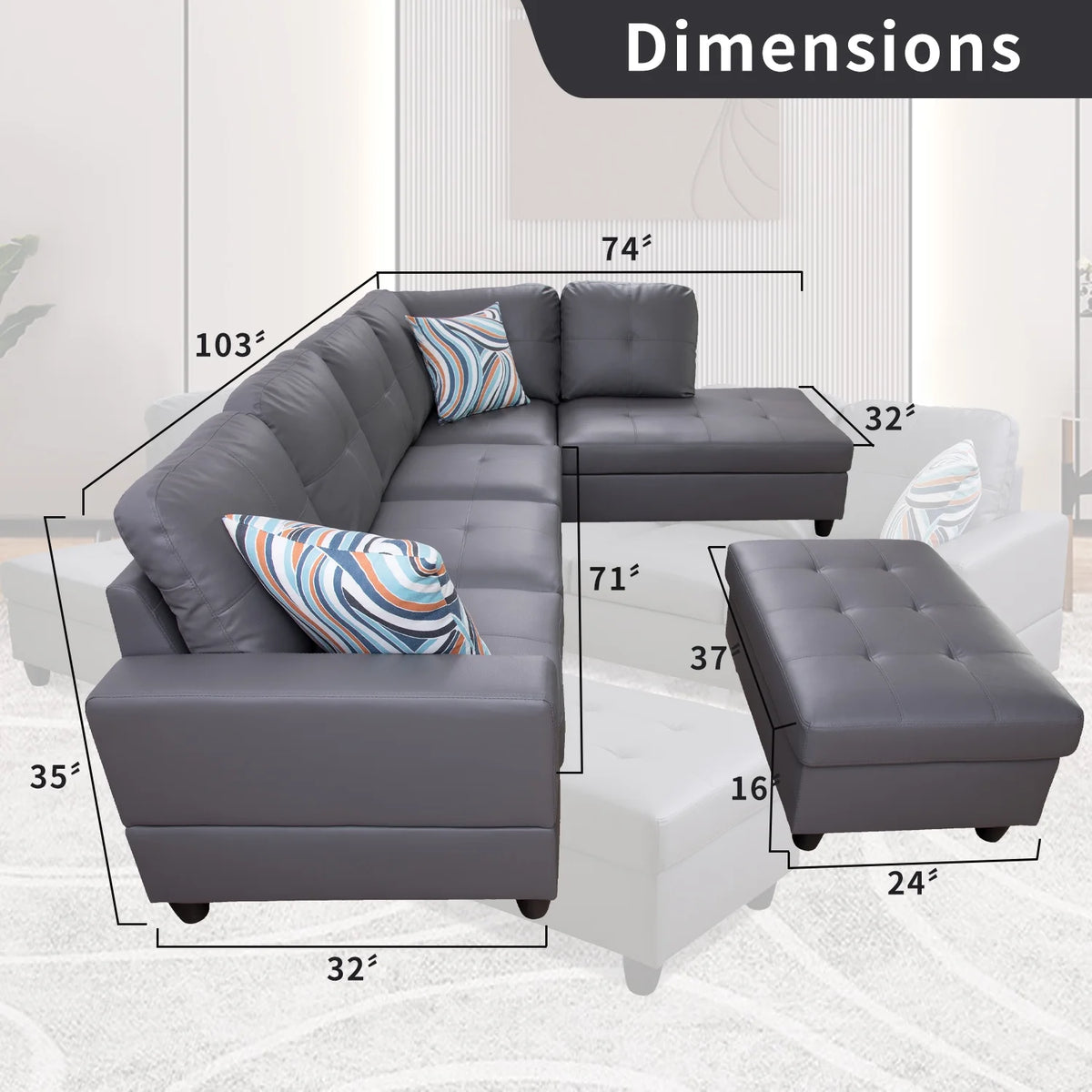 L-Shaped 3-Piece Sectional Sofa Couch, Dark Grey S2716