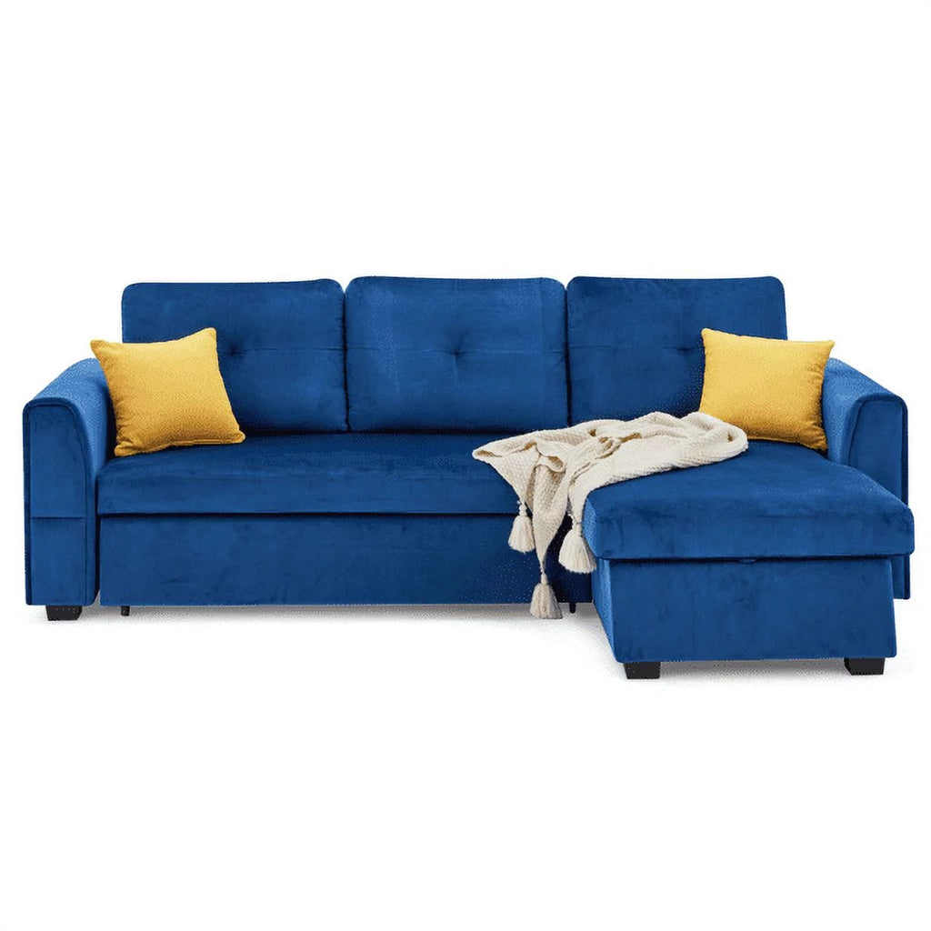 Blue Flannel L-Shaped Sleeper Sofa with Storage Ottoman K1052