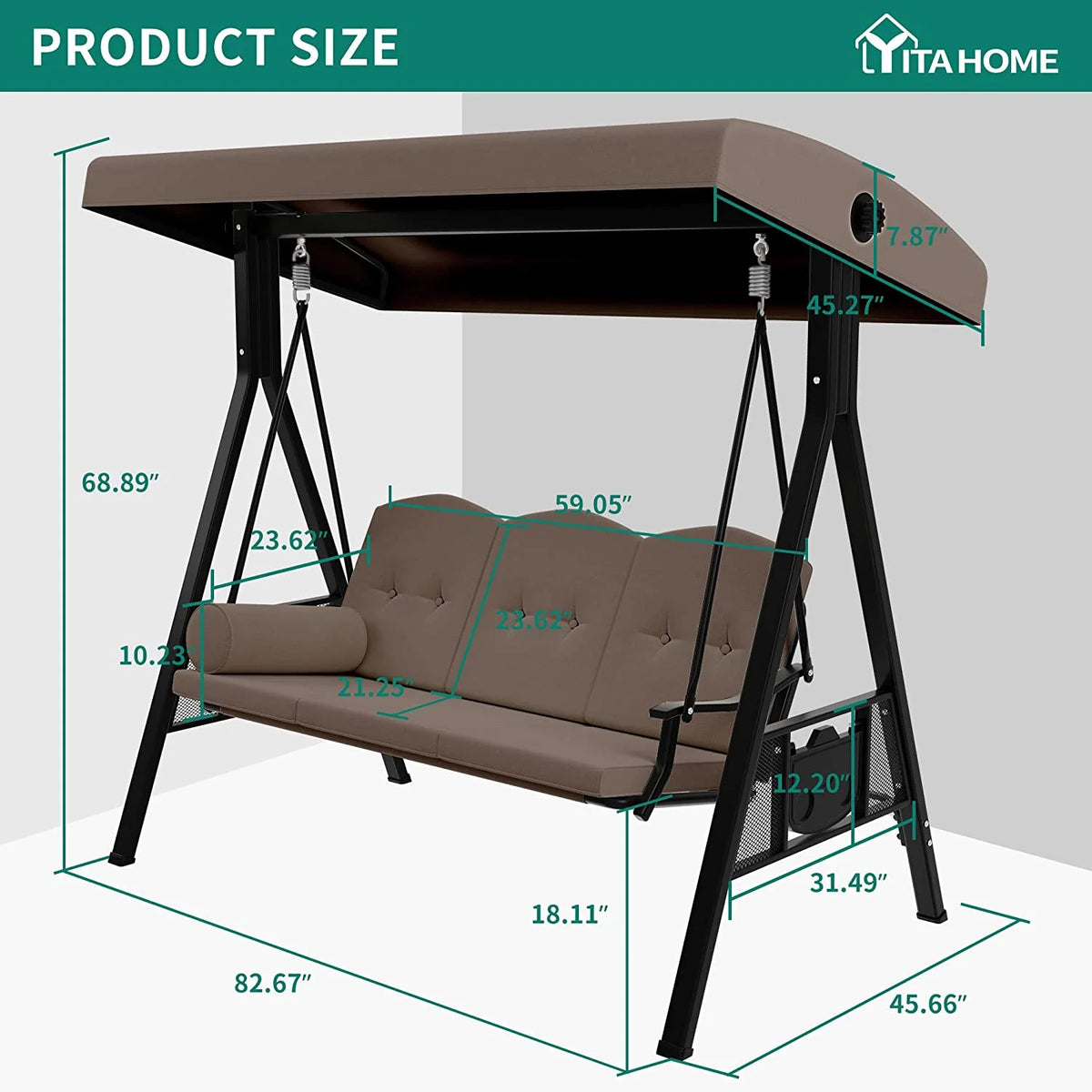 3 Person Outdoor Patio Swing Chair with Adjustable Canopy and Cushion R175