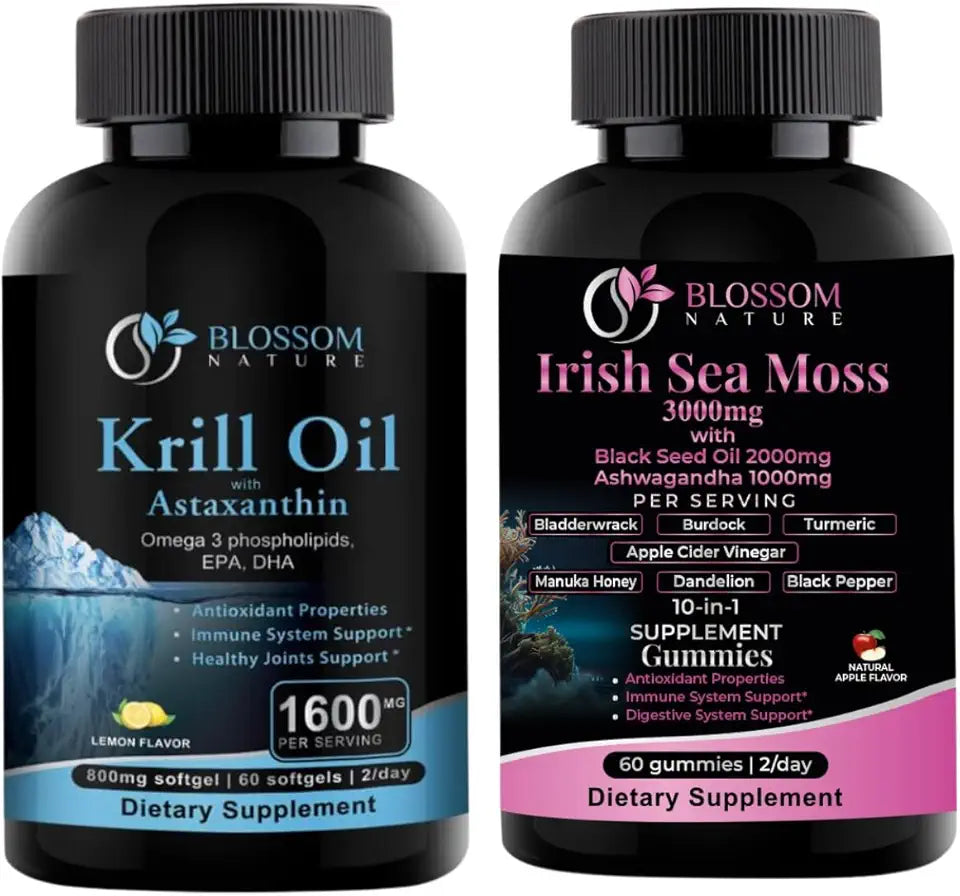 Krill Oil 1600mg with Astaxanthin 2mg and Sea Moss Gummies 3000mg with Black Seed Oil and Ashwagandha 2000mg M580