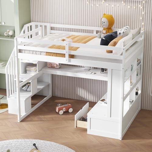 White Full Size Loft Bed with L-Shaped Desk, Wardrobe and Storage Shelves R737547