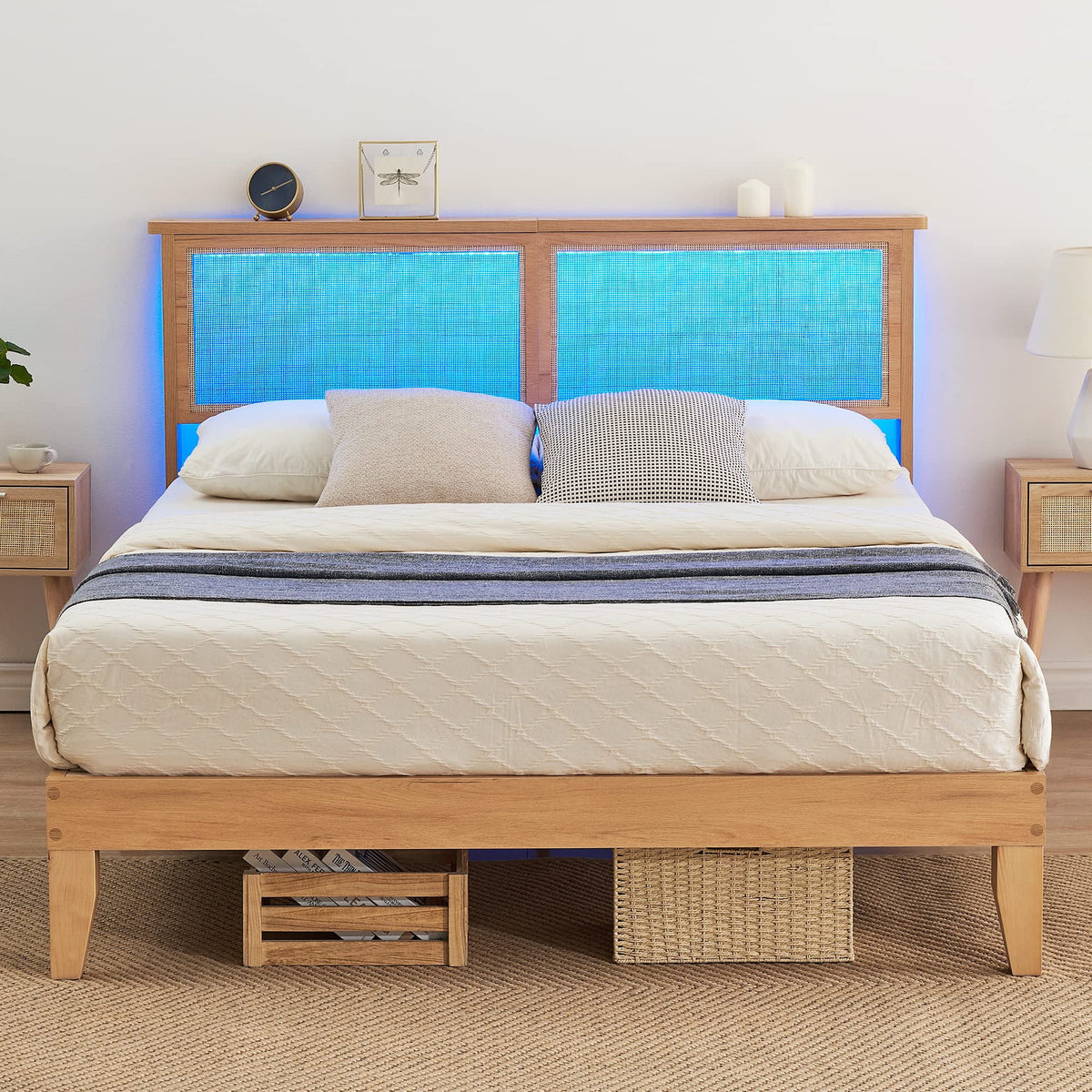 Full Size Rattan Headboard Platform Bed Frame with Storage I31610