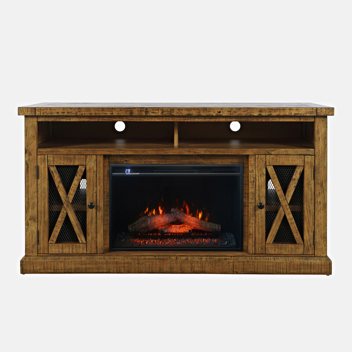 Rustic Solid Pine Storage Console TV Stand with Electric Fireplace Q637178
