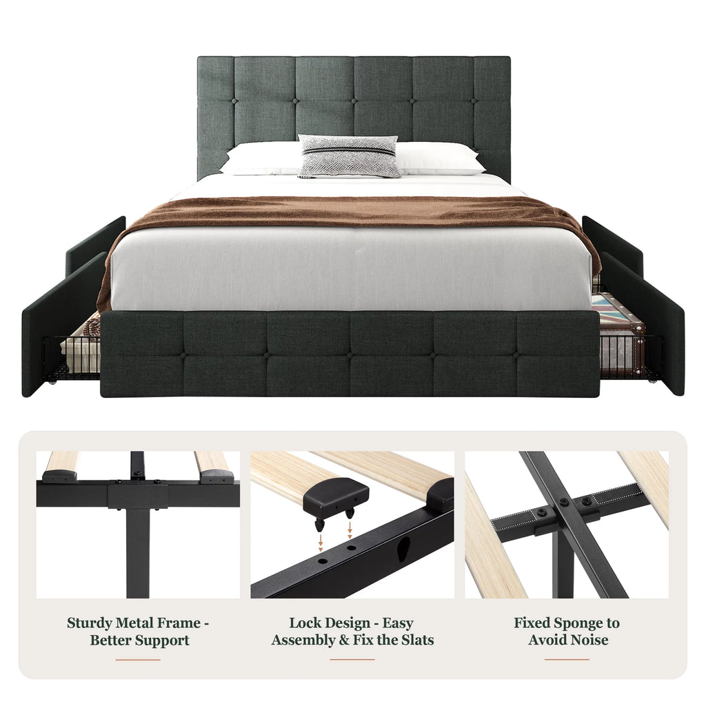 Queen Size Platform Bed Frame with Headboard and 4 Storage Drawers, Dark Grey D638