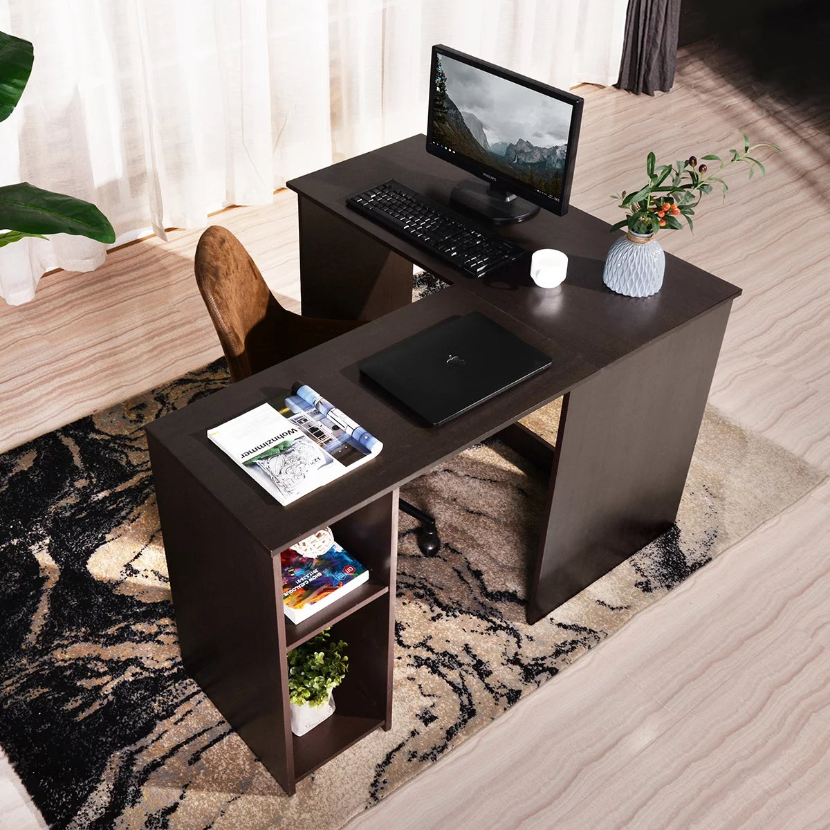 Brown L-Shaped Corner Desk with 2 Shelves T574515