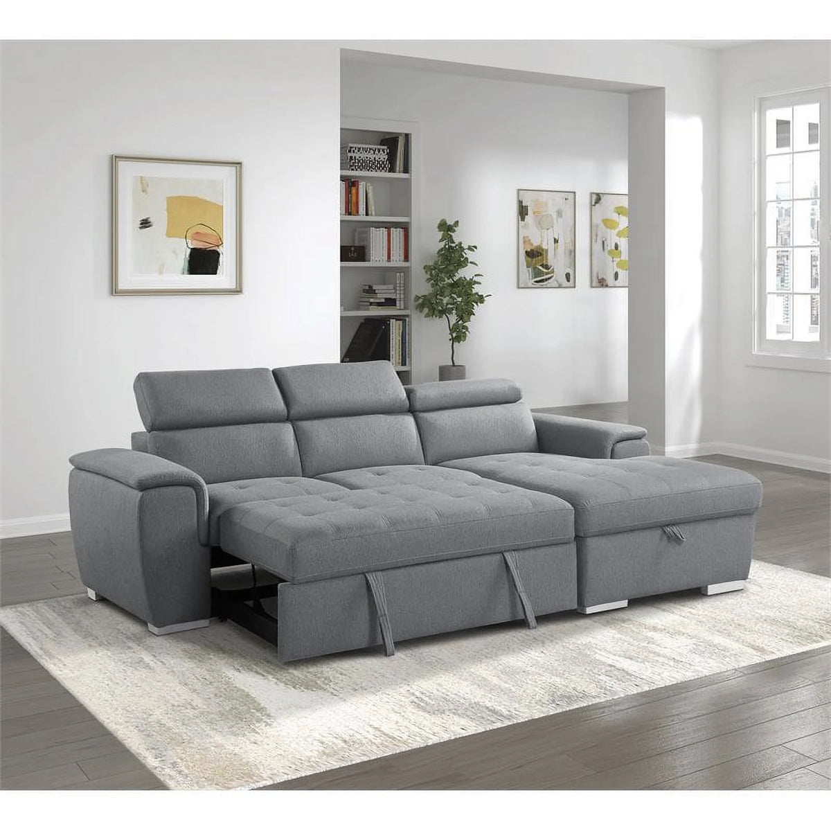 Gray 2-Piece Fabric Sectional with Pull-Out Bed N3457