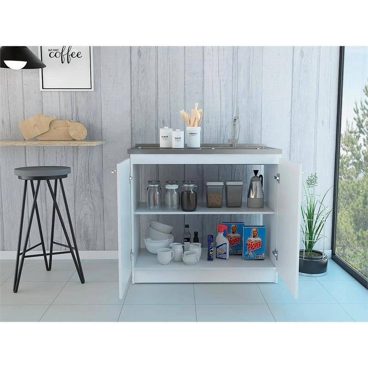 White Modern Engineered Wood Utility Sink with Cabinet N3871