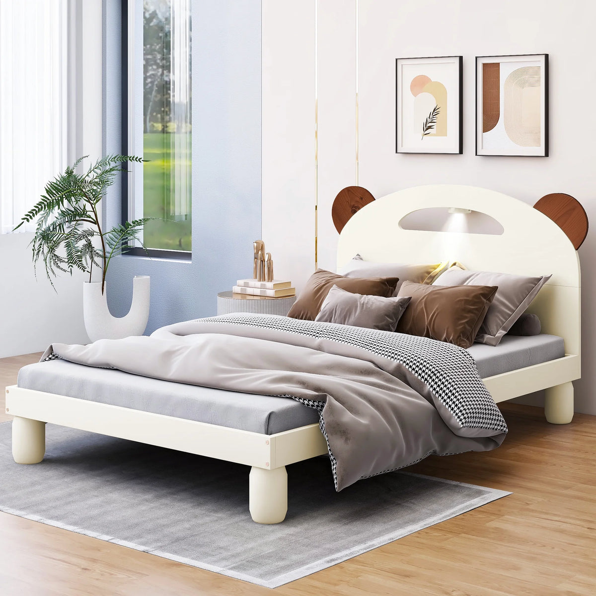 Twin Size Upholstered Bed Frame with Bear Ears Headboard and LED B994095