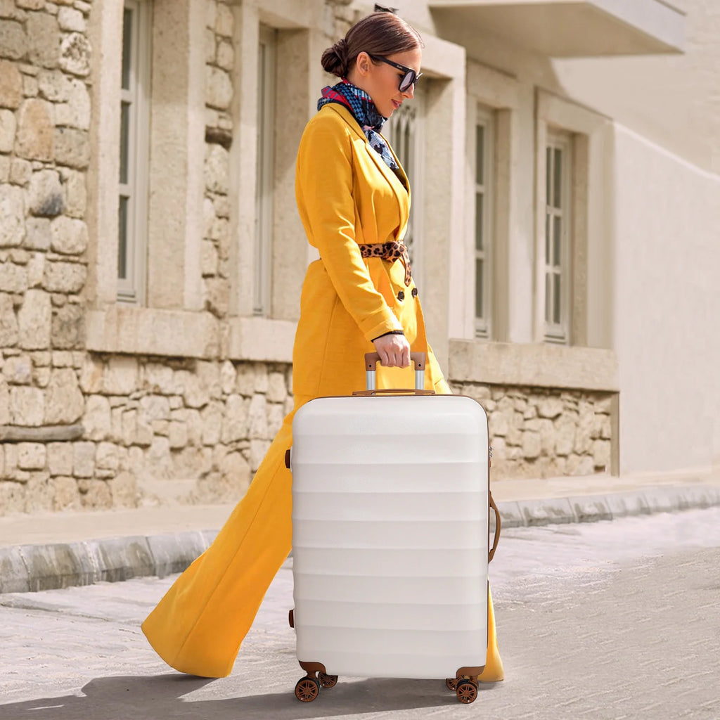 3 Piece Expandable ABS Hardshell Luggage Set Spinner Wheel Suitcase TSA Lock White Brown 20/24/28 Inch P5975
