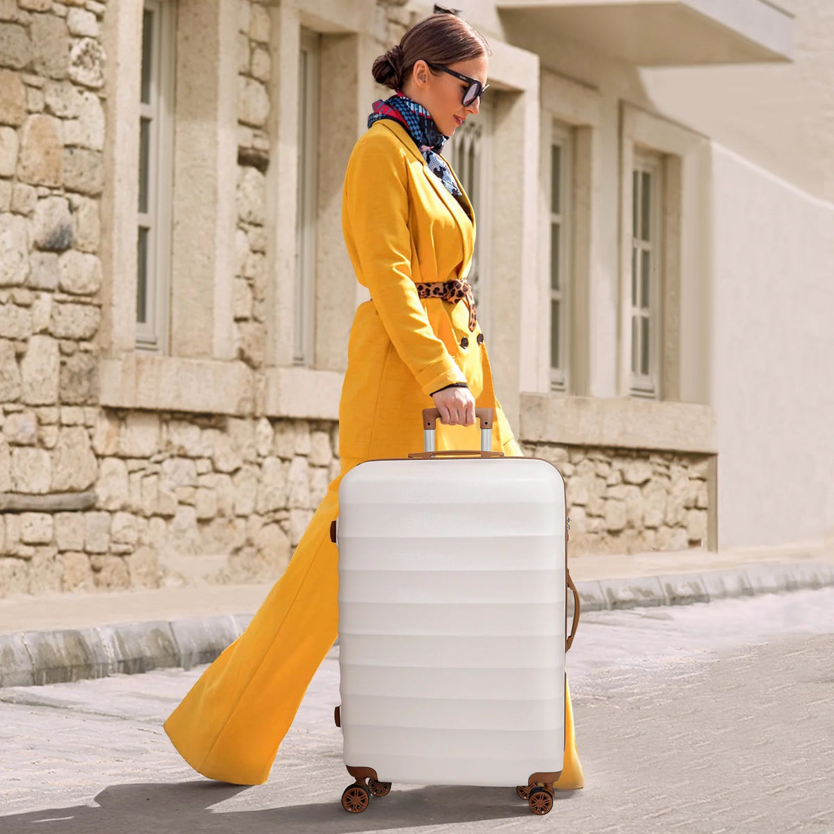 3 Piece Expandable ABS Hardshell Luggage Set Spinner Wheel Suitcase TSA Lock White Brown 20/24/28 Inch P5975