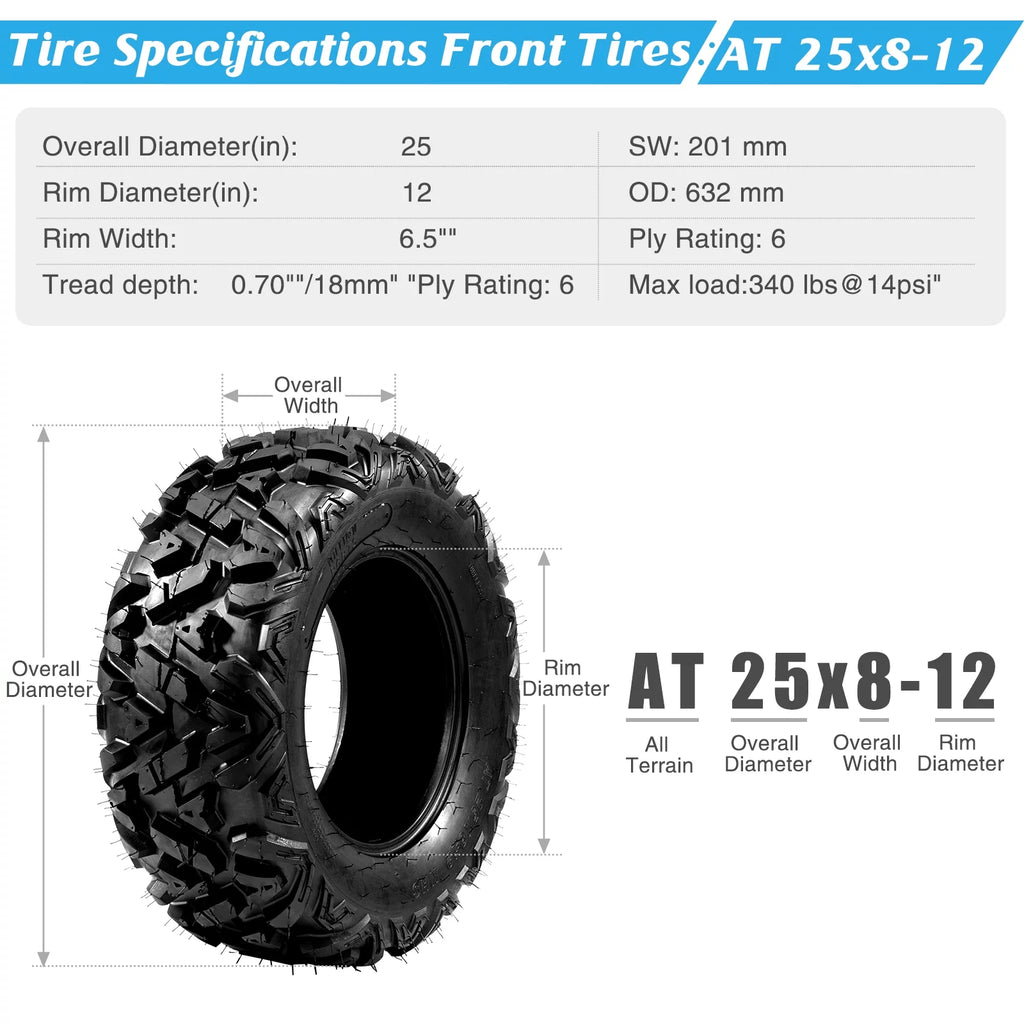 Set of 4 All Terrain ATV UTV Tires, 25x8-12 Front & 25x10-12 Rear, Tubeless A994