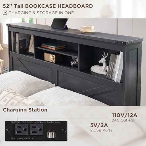 King Size Wood Bed Frame with Storage Headboard and 4 Drawers W657085