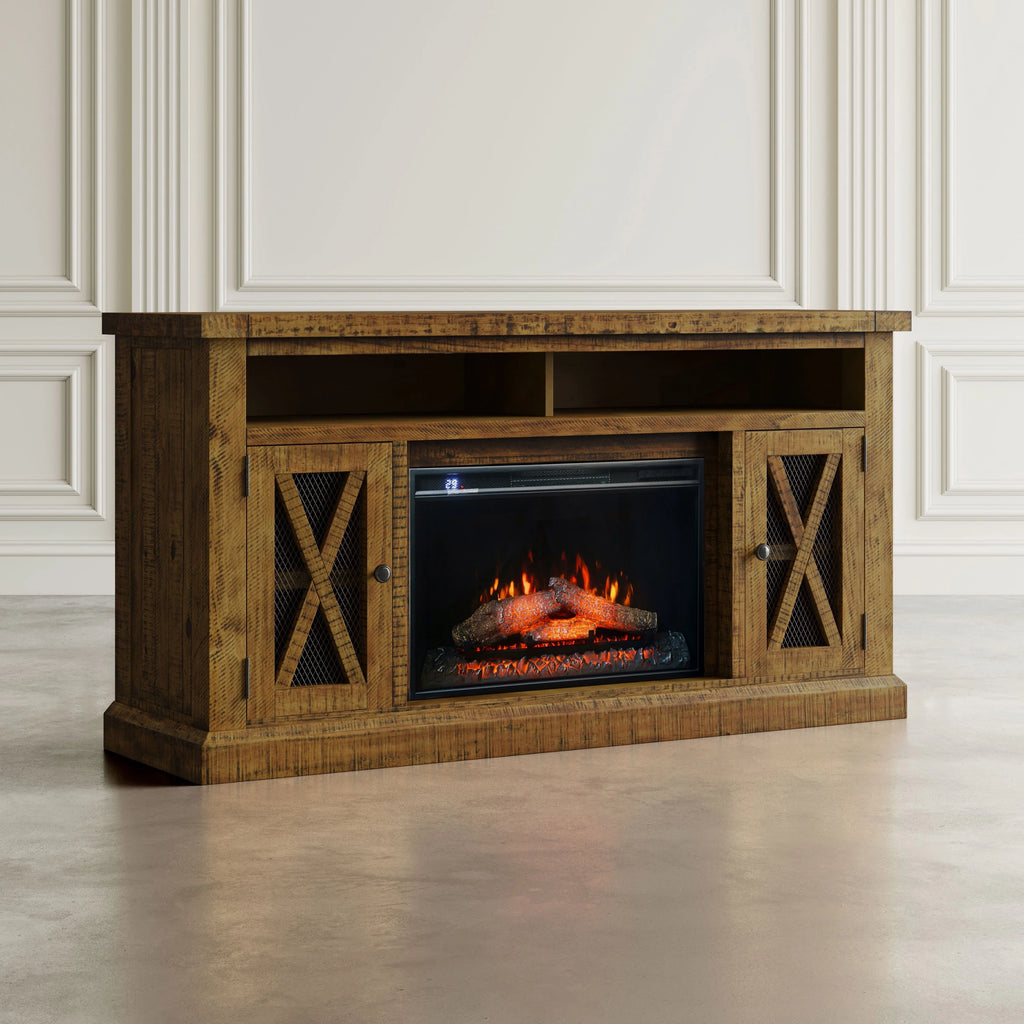 Rustic Solid Pine Storage Console TV Stand with Electric Fireplace Q637178