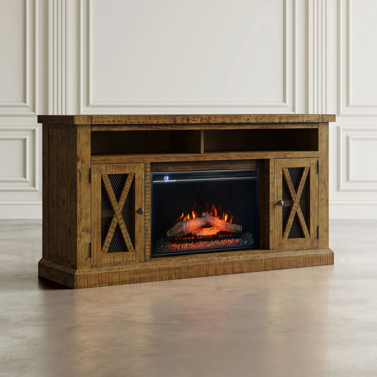 Rustic Solid Pine Storage Console TV Stand with Electric Fireplace Q637178