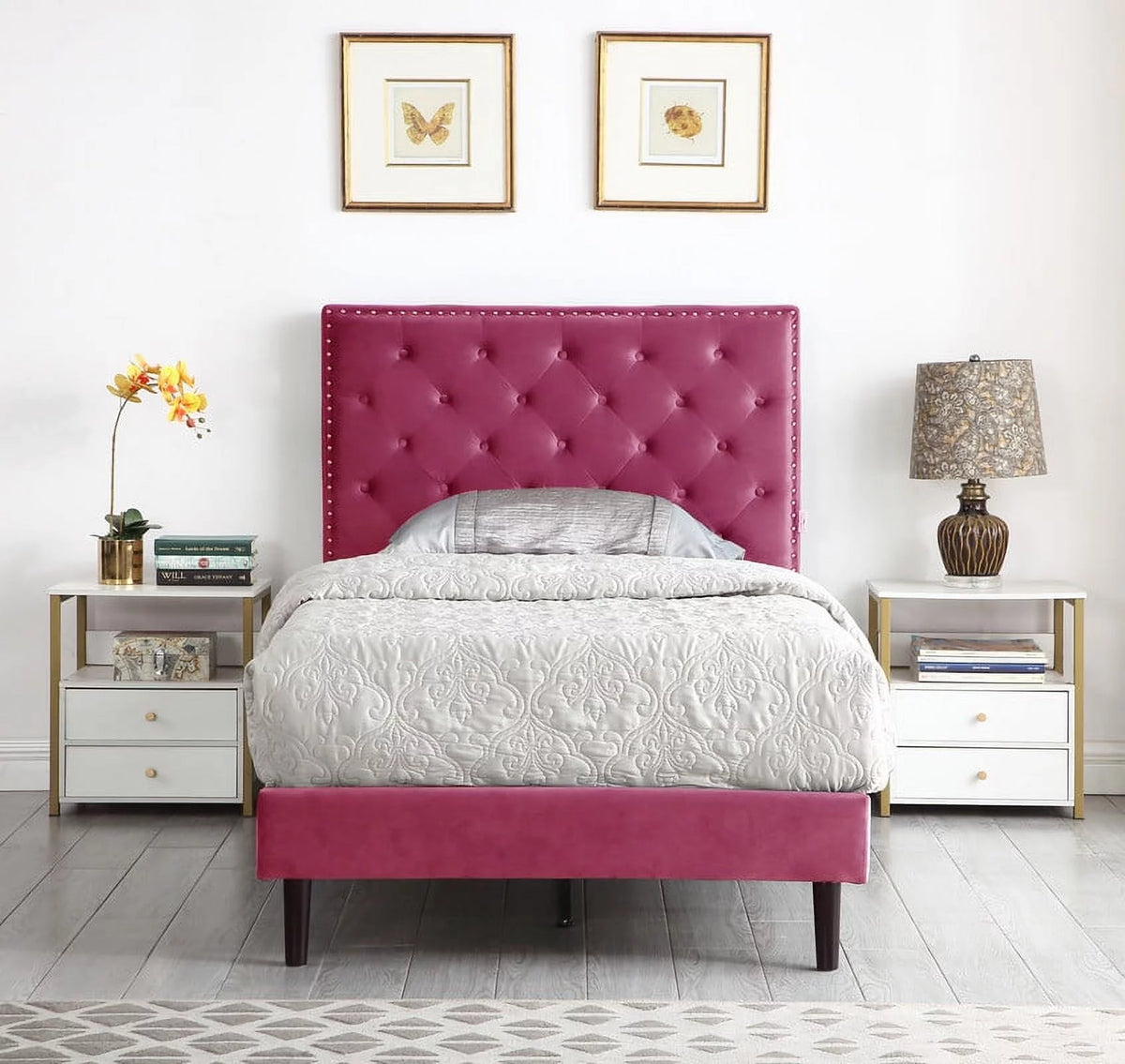 Gray Twin Upholstered Platform Bed Frame with Adjustable Headboard E606