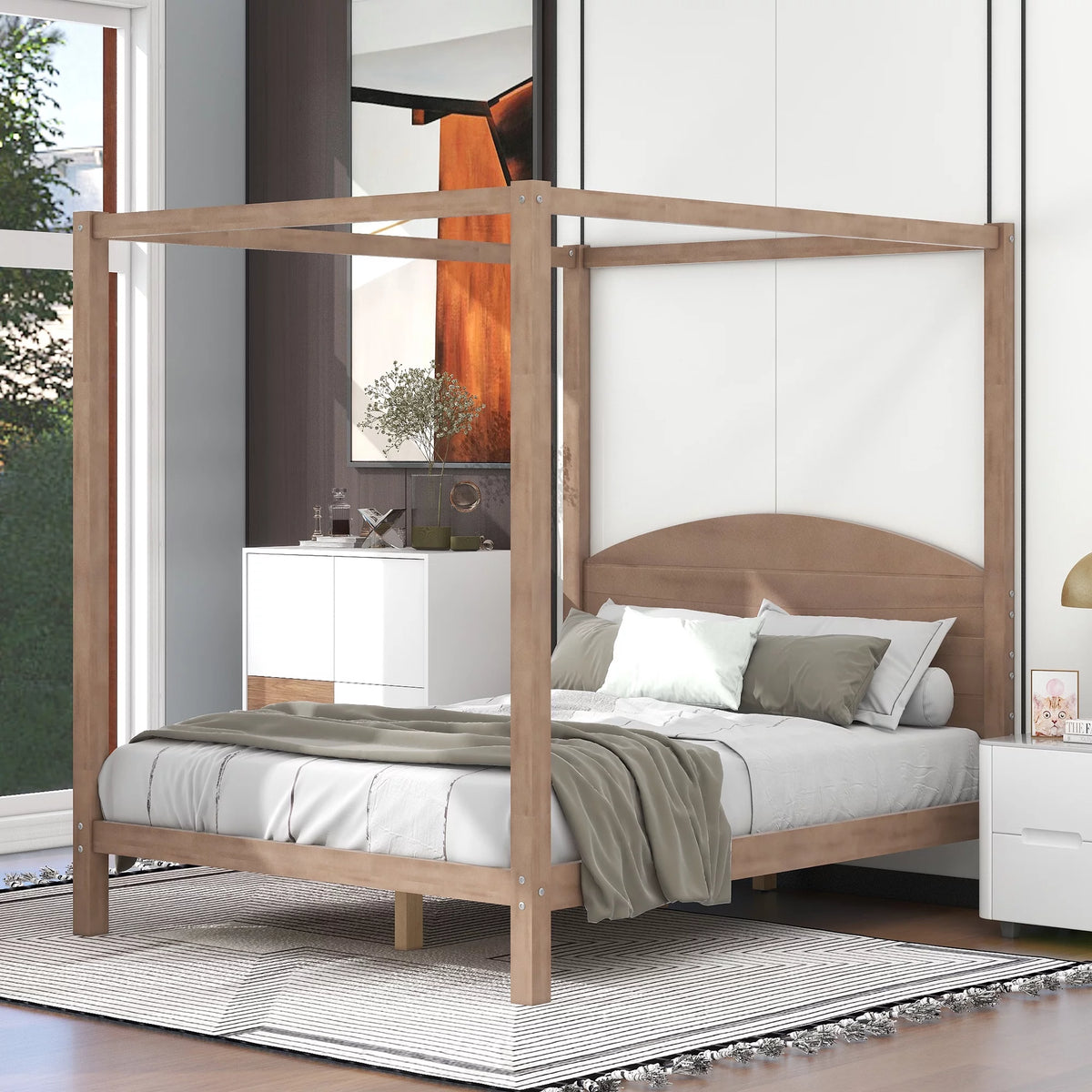 Queen Size Canopy Platform Bed with Headboard W4140