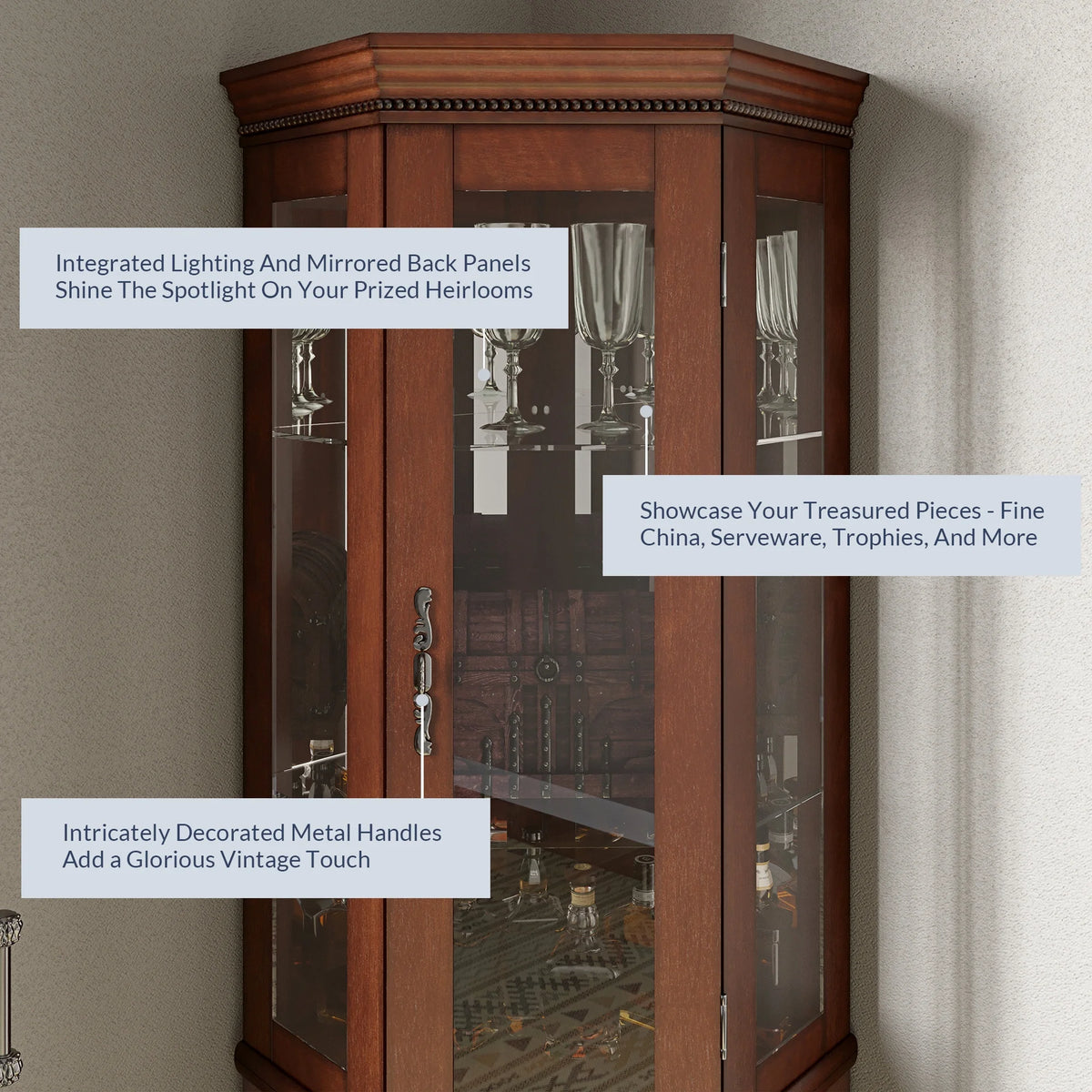 Walnut 5 Sided Lighted Corner Curio Cabinet B431912