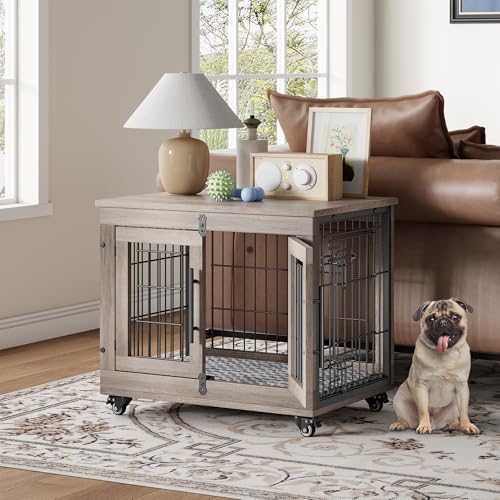 Wooden Dog Crate Furniture with Cushion and Wheels W81872